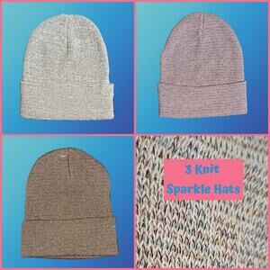 3 Winter Knit Toboggan Beanie Hats Solid Color With Rainbow Sparkle Threads OSFM